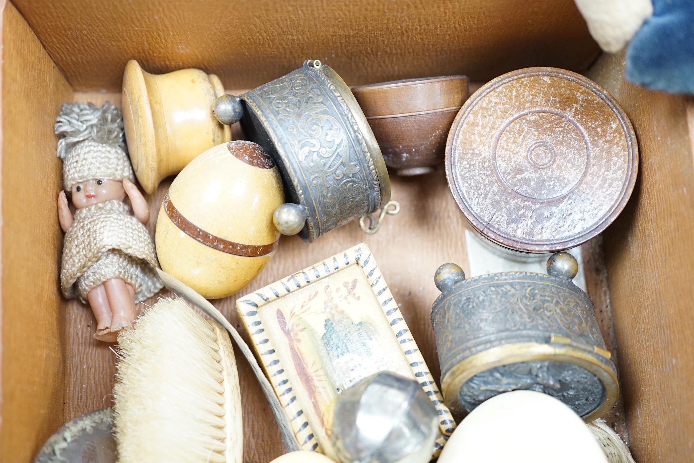 Two miniature bisque headed dolls, two sailor boy dolls and a collection related collectables,(a quantity)